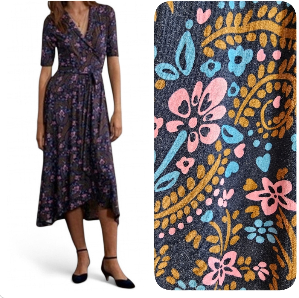 Boden Lavina Navy Floral Jersey Stretch Wrap Dress